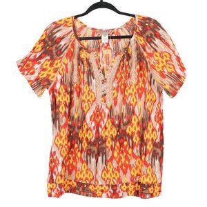 Khakis & Co Blouse M Womens New Ikat Fire Red Yellow Short Sleeve Lace Beads